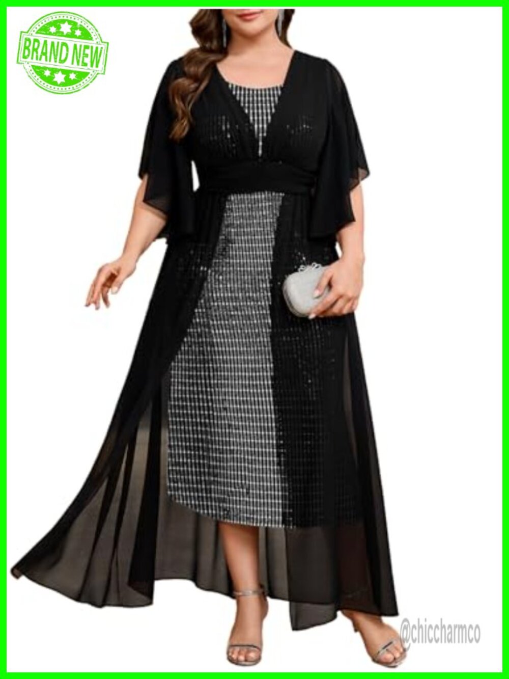 Plus Size Formal Sequin Chiffon Handkerchief Sleeve Evening Gown Cocktail Dress